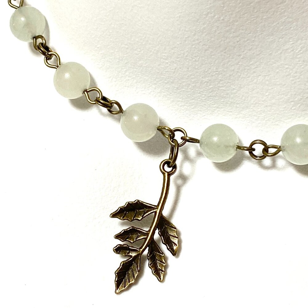 Natural Pale Green Aventurine Necklace, Bronze Leaf Branch + Genuine Gemstone